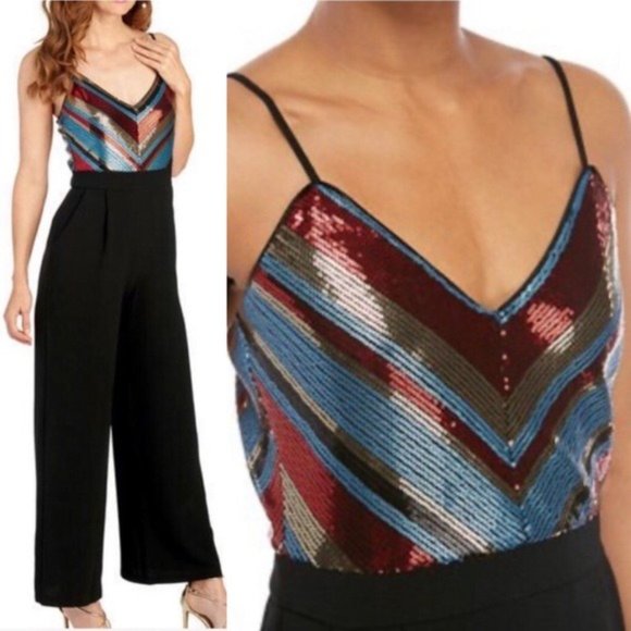 June & Hudson Wide Leg Jumpsuit Sequined Black Multi Size XL - Picture 2 of 12